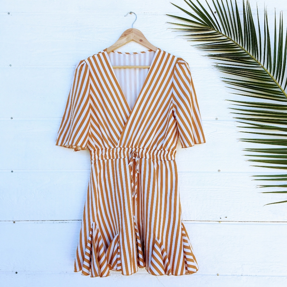 💌Striped Faux Wrap Dress with Ruffle Detail